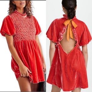 Free People Crushed Velvet Red Pink Open Back Short sleeve babydoll dress medium